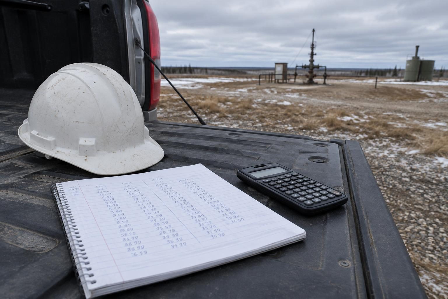 Notebook and calculator on a truck tailgate at a remote lease